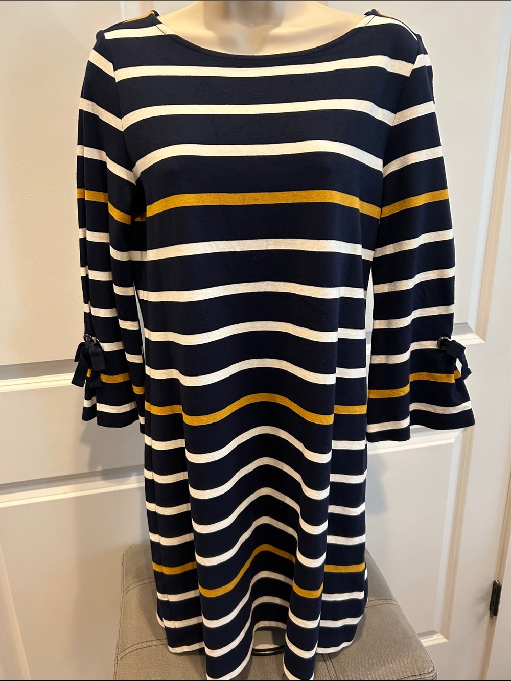 Ann Taylor petite medium Navy & White Striped Shift Dress with Mustard Accent GU
